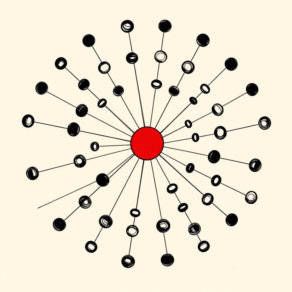 Diagrama editorial de un grafo de conocimiento con nodos y conexiones representando conceptos, artículos y procedimientos jurídicos.